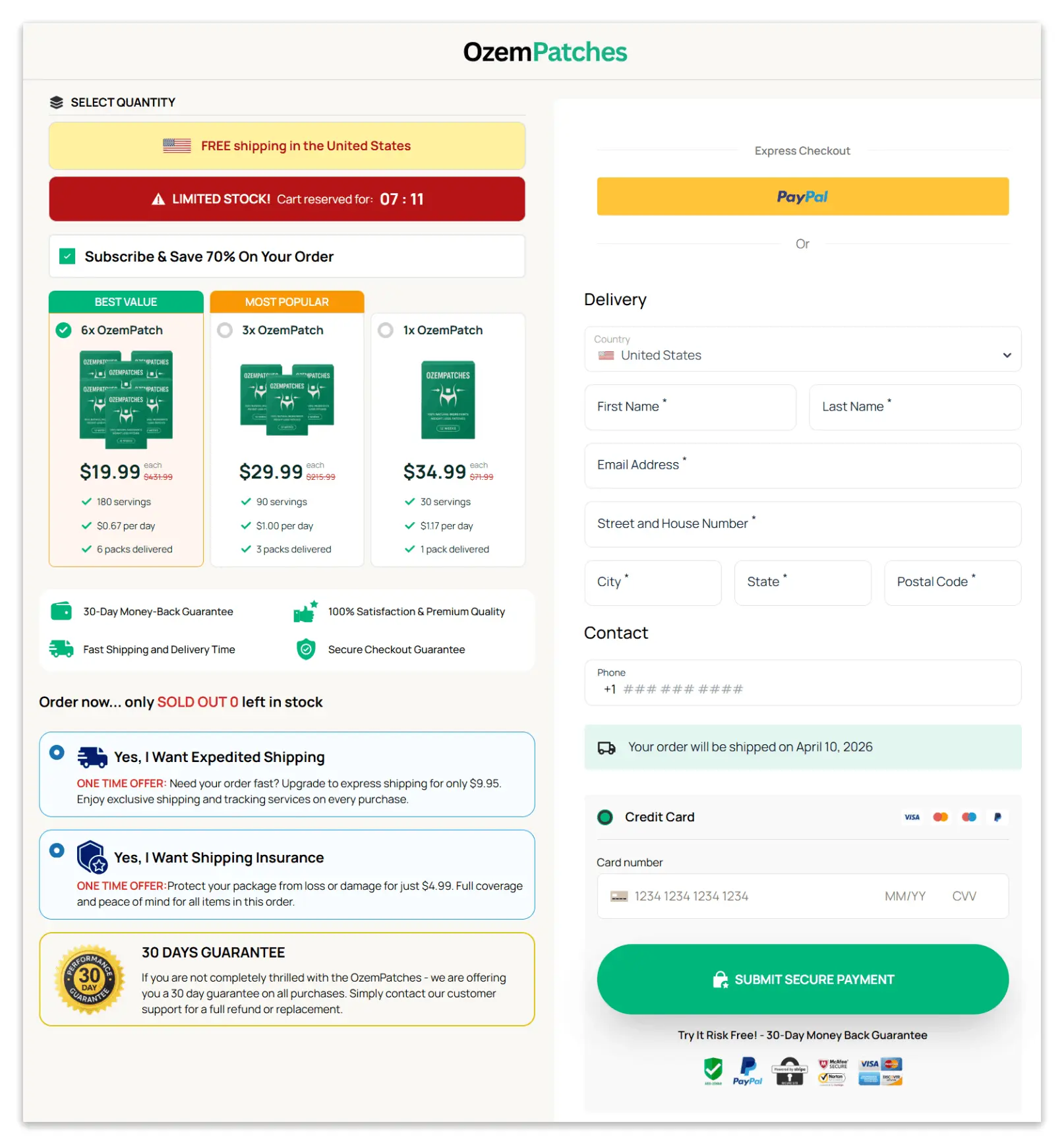 RejuvaCare OzemPatch Secure Checkout Page